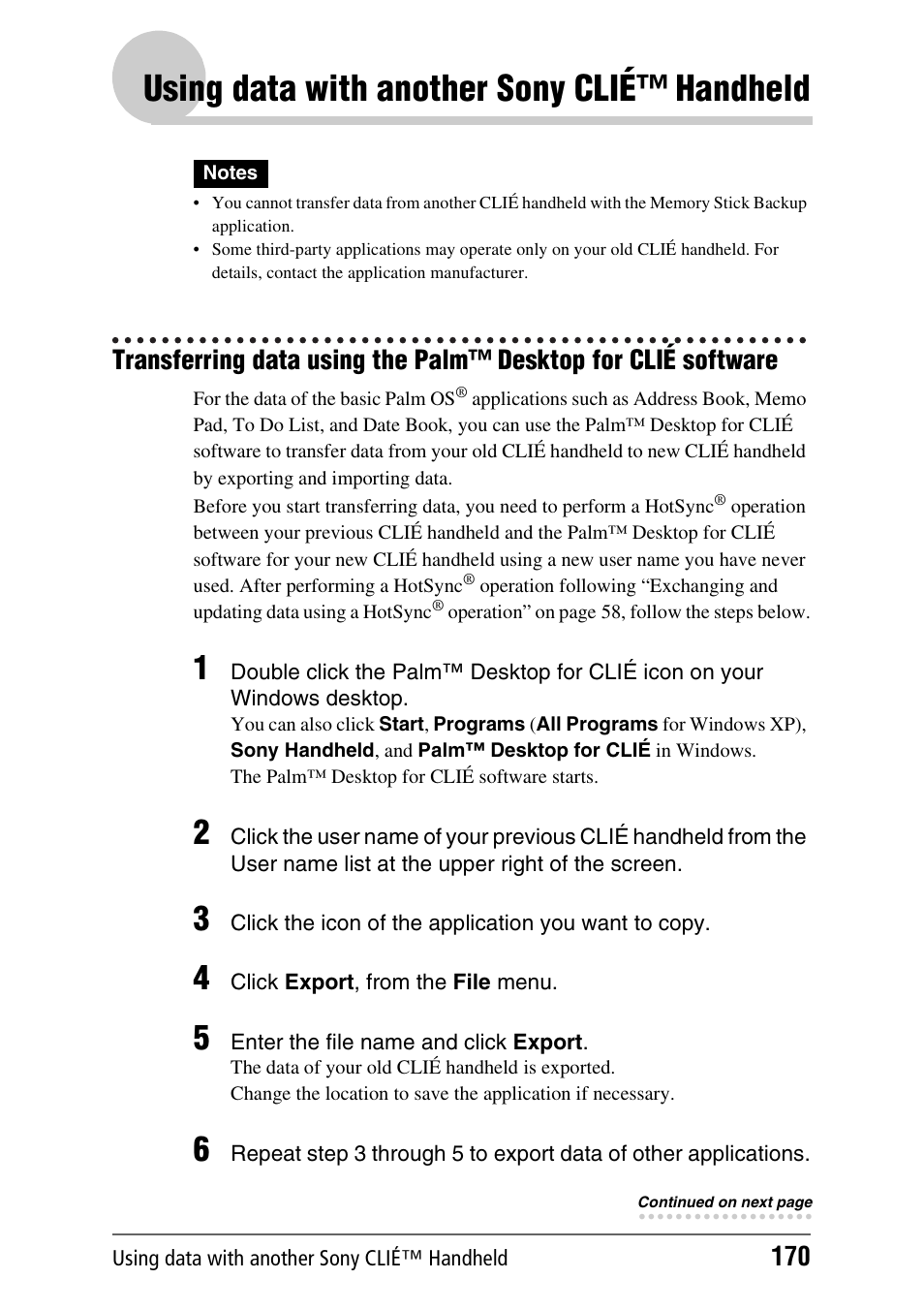 Using data with another sony clié™ handheld | Sony PEG-NX70V User Manual | Page 170 / 176