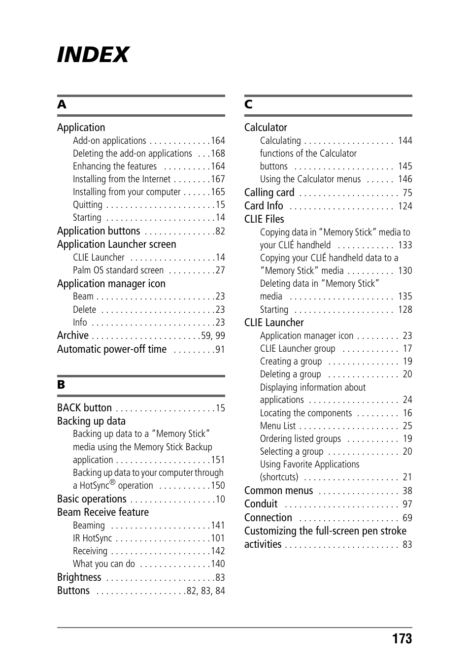 Index | Sony PEG-NX70V User Manual | Page 173 / 176