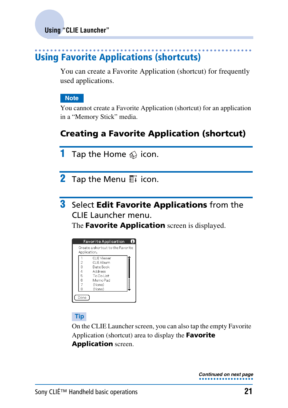 Using favorite applications (shortcuts) | Sony PEG-NX70V User Manual | Page 21 / 176