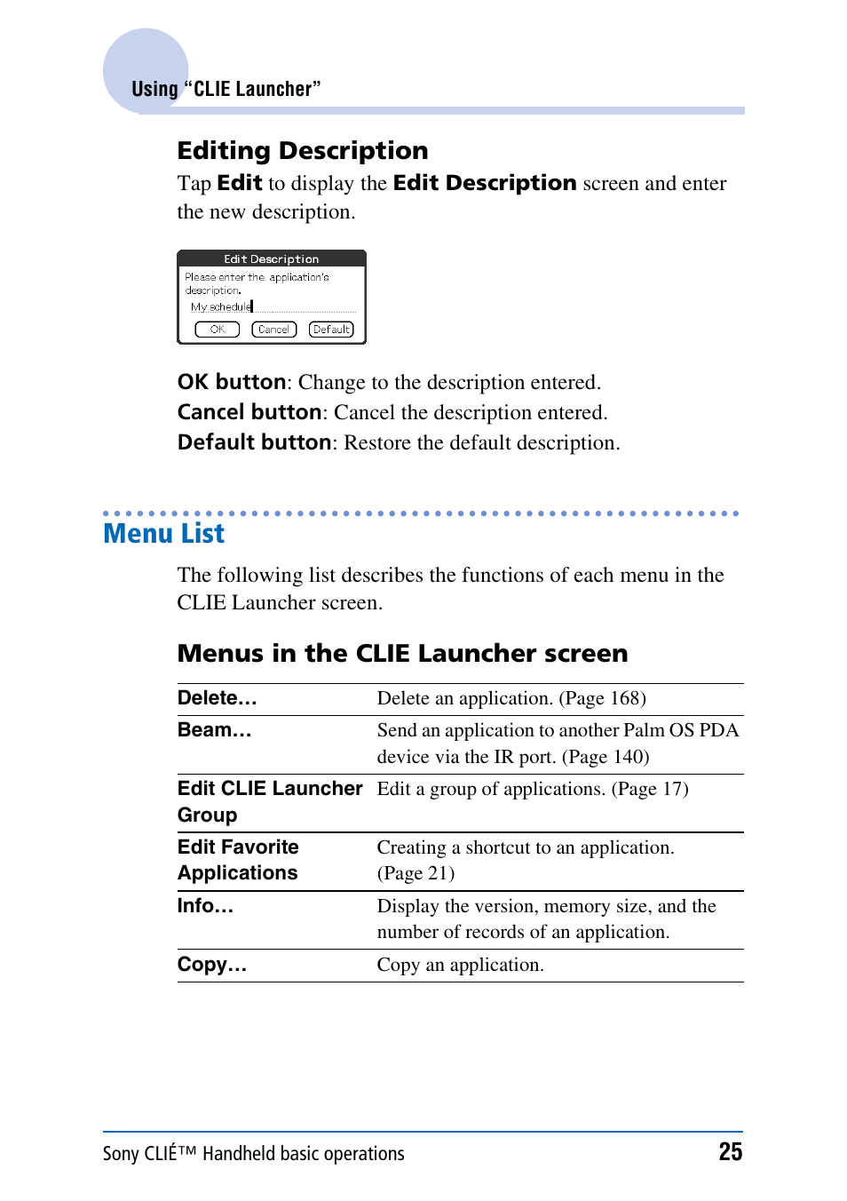 Menu list, Editing description, Menus in the clie launcher screen | Sony PEG-NX70V User Manual | Page 25 / 176