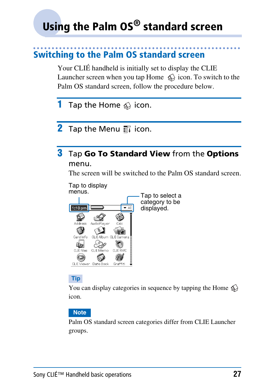 Using the palm os® standard screen, Switching to the palm os standard screen, Using the palm os | Standard screen | Sony PEG-NX70V User Manual | Page 27 / 176