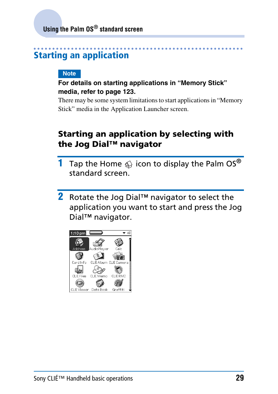 Starting an application | Sony PEG-NX70V User Manual | Page 29 / 176