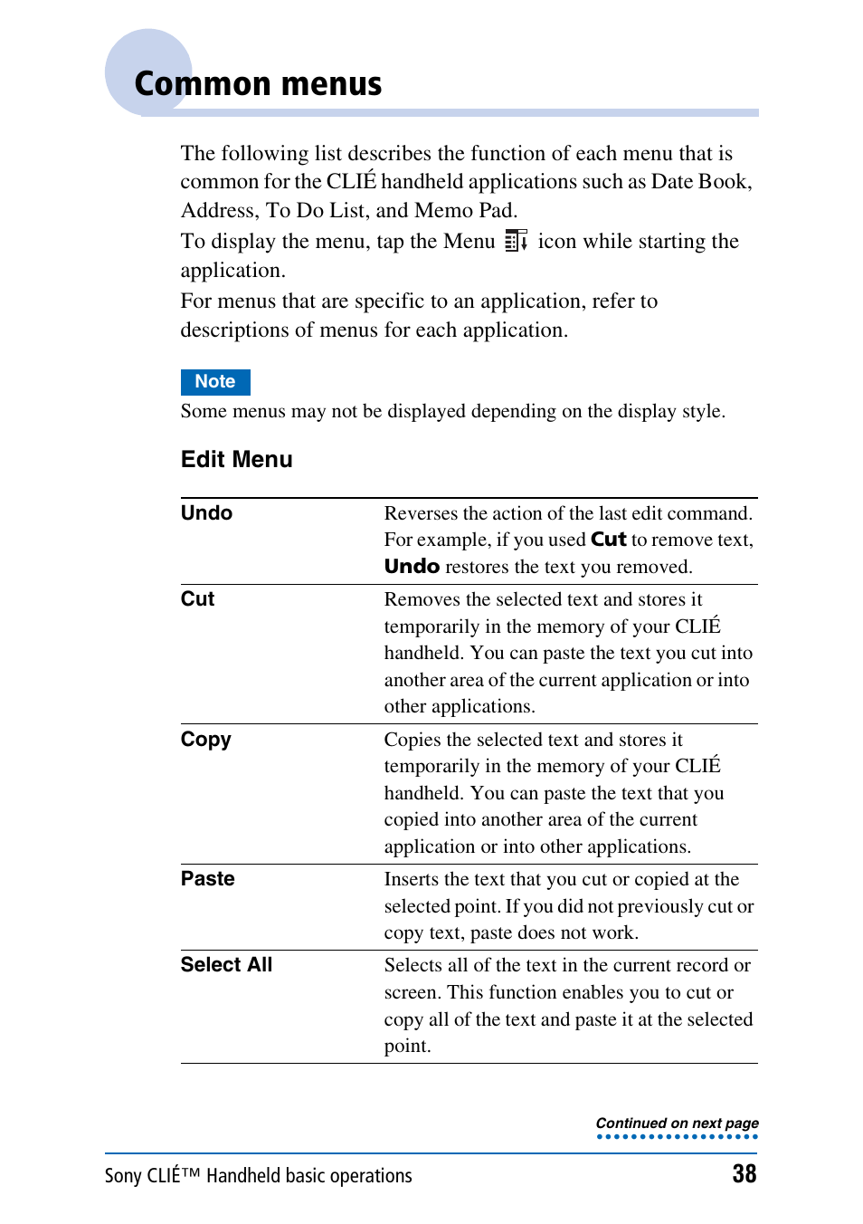 Common menus | Sony PEG-NX70V User Manual | Page 38 / 176