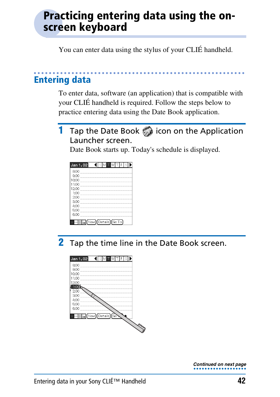 Entering data, Practicing entering data using the on-screen, Keyboard | Sony PEG-NX70V User Manual | Page 42 / 176