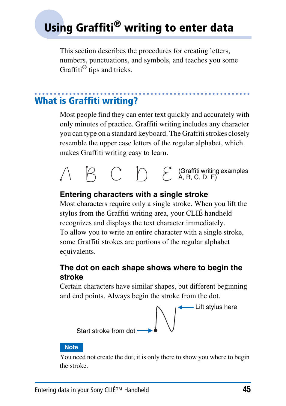 Using graffiti® writing to enter data, What is graffiti writing, Using graffiti | Writing to enter data | Sony PEG-NX70V User Manual | Page 45 / 176