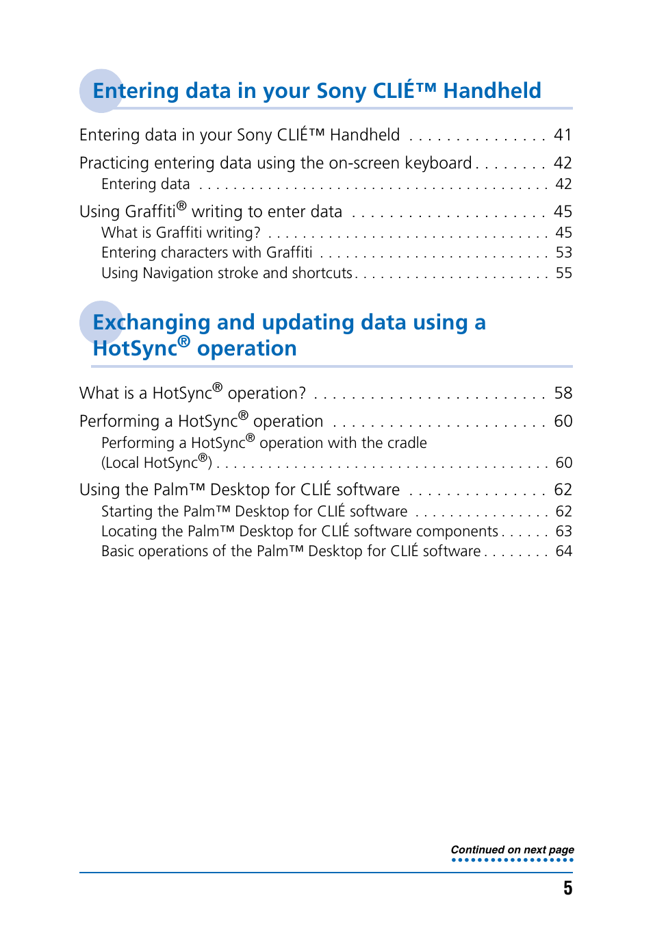 Entering data in your sony clié™ handheld, Exchanging and updating data using a hotsync, Operation | Sony PEG-NX70V User Manual | Page 5 / 176