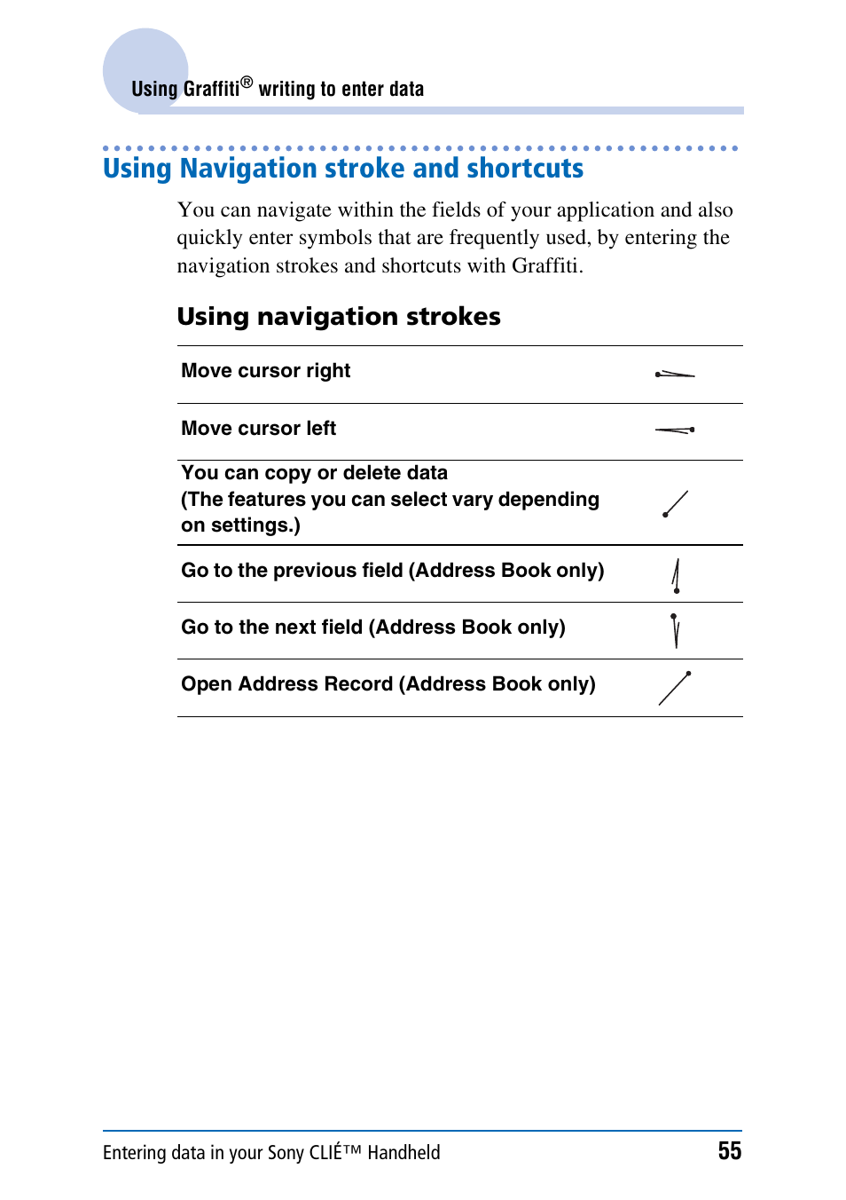 Using navigation stroke and shortcuts, Using navigation strokes | Sony PEG-NX70V User Manual | Page 55 / 176