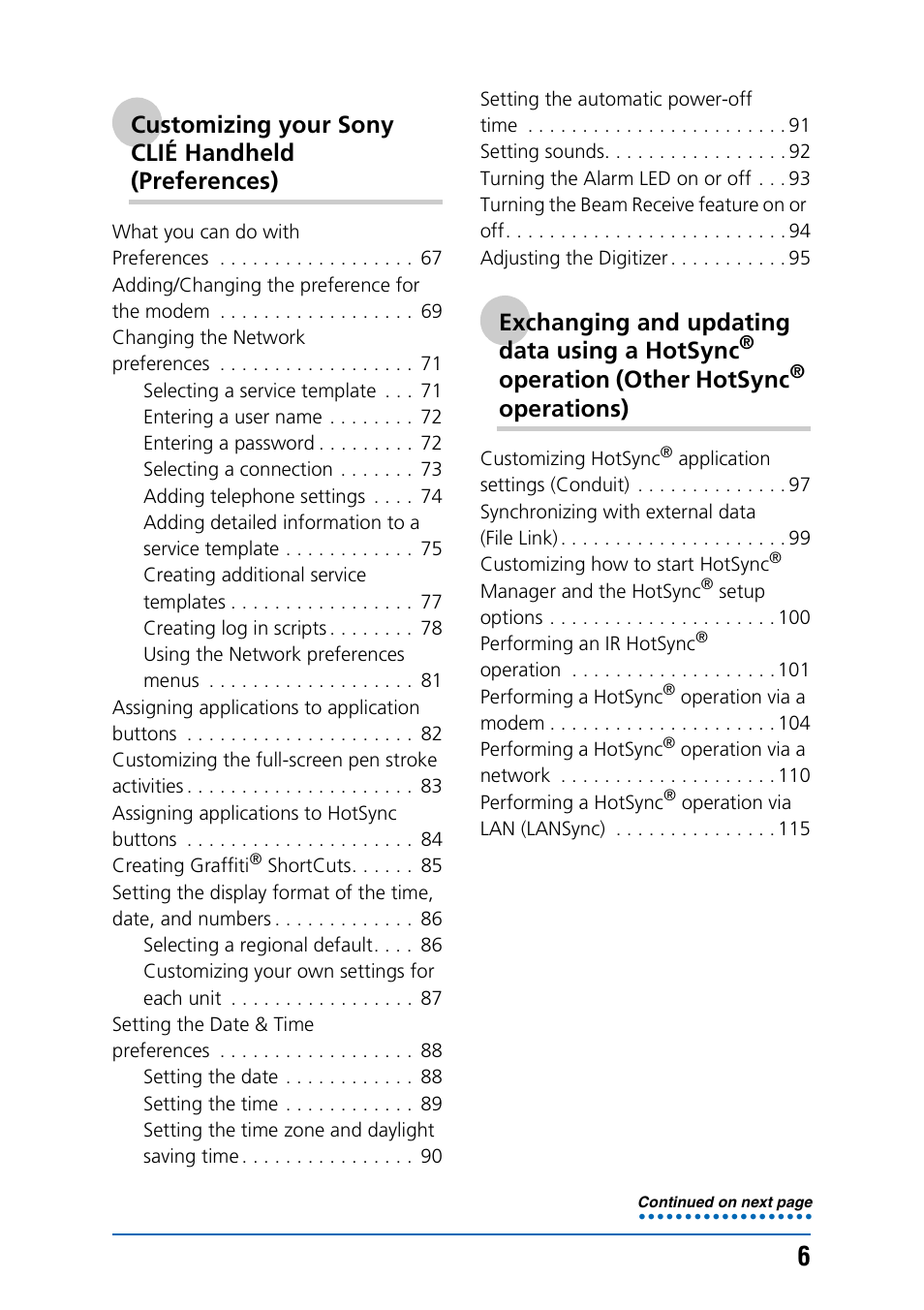 Customizing your sony clié handheld (preferences), Exchanging and updating data using a hotsync, Operation (other hotsync | Operations) | Sony PEG-NX70V User Manual | Page 6 / 176