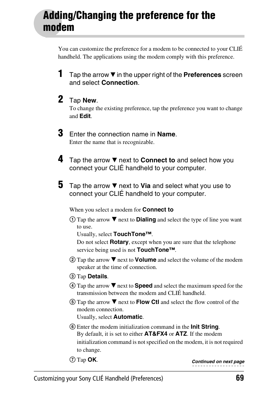 Adding/changing the preference for the modem, Adding/changing the preference for, The modem | Sony PEG-NX70V User Manual | Page 69 / 176