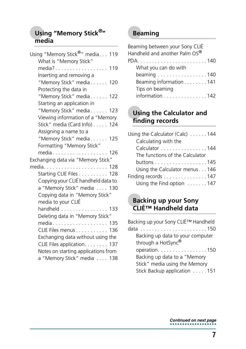 Media, Beaming, Using the calculator and finding records | Backing up your sony clié™ handheld data | Sony PEG-NX70V User Manual | Page 7 / 176