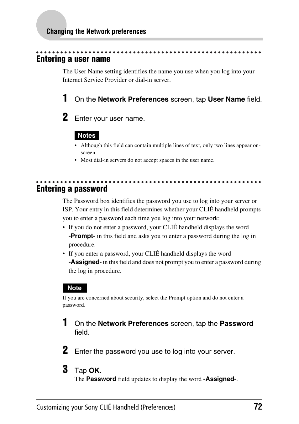 Entering a user name, Entering a password, Entering a user name entering a password | Sony PEG-NX70V User Manual | Page 72 / 176