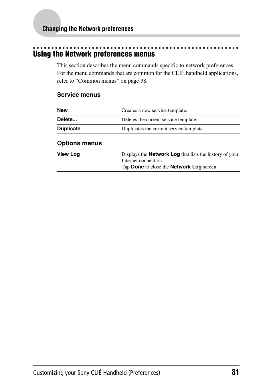 Using the network preferences menus | Sony PEG-NX70V User Manual | Page 81 / 176