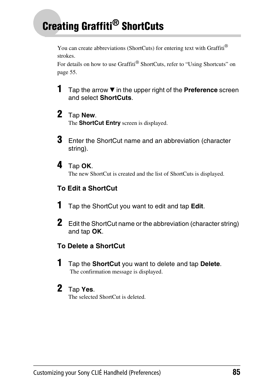 Creating graffiti® shortcuts, Creating graffiti, Shortcuts | Sony PEG-NX70V User Manual | Page 85 / 176