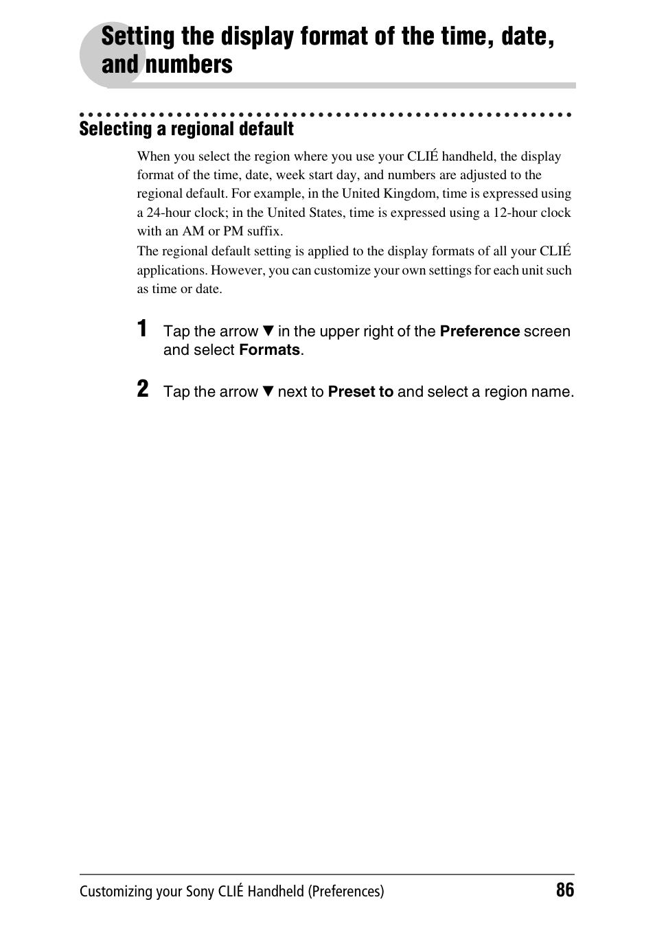 Selecting a regional default, Setting the display format of the time, date, and, Numbers | Sony PEG-NX70V User Manual | Page 86 / 176