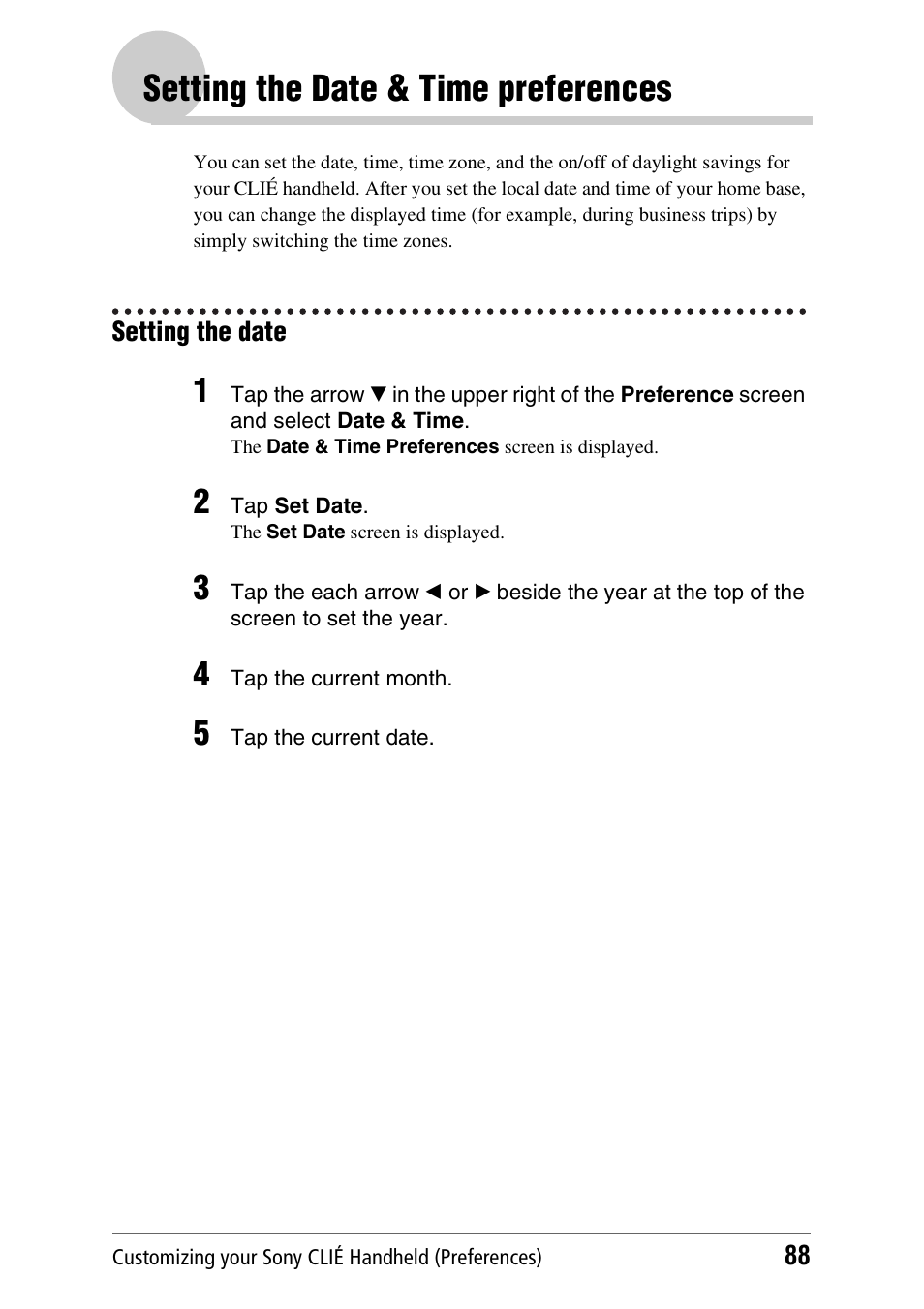 Setting the date & time preferences, Setting the date | Sony PEG-NX70V User Manual | Page 88 / 176