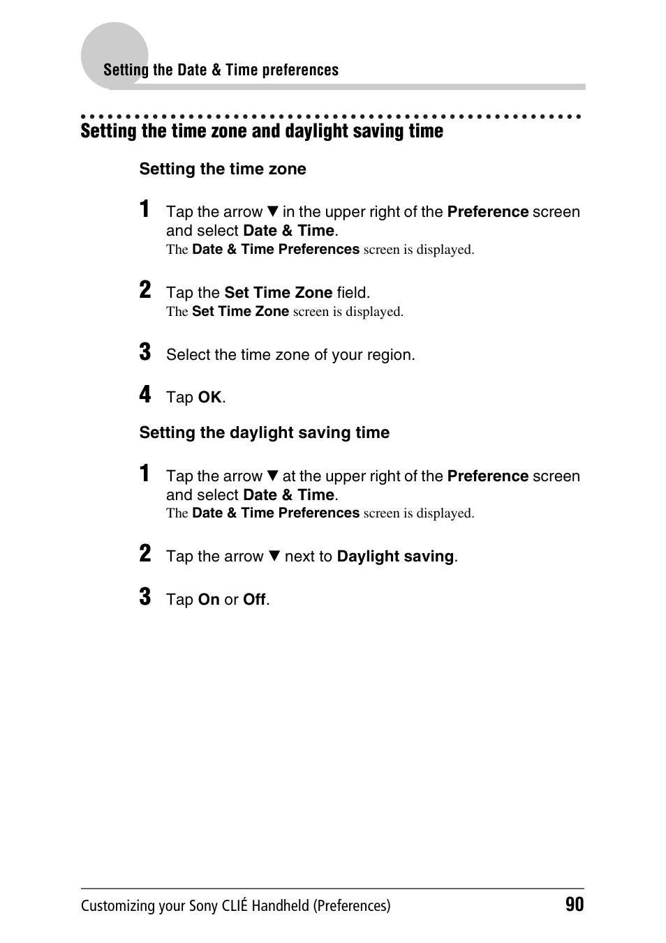 Setting the time zone and daylight saving time | Sony PEG-NX70V User Manual | Page 90 / 176