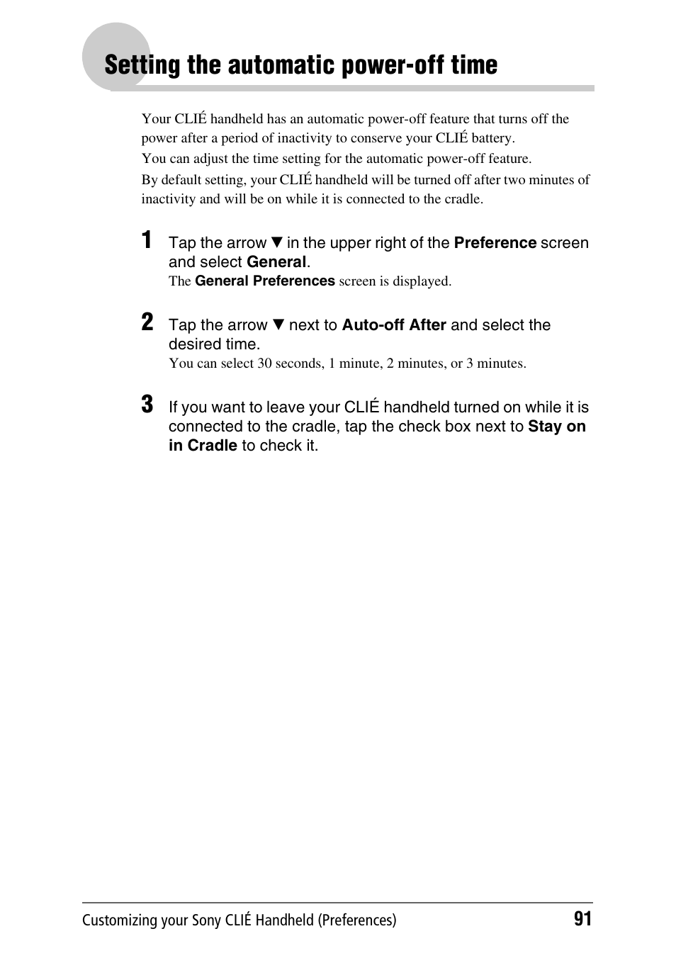 Setting the automatic power-off time | Sony PEG-NX70V User Manual | Page 91 / 176