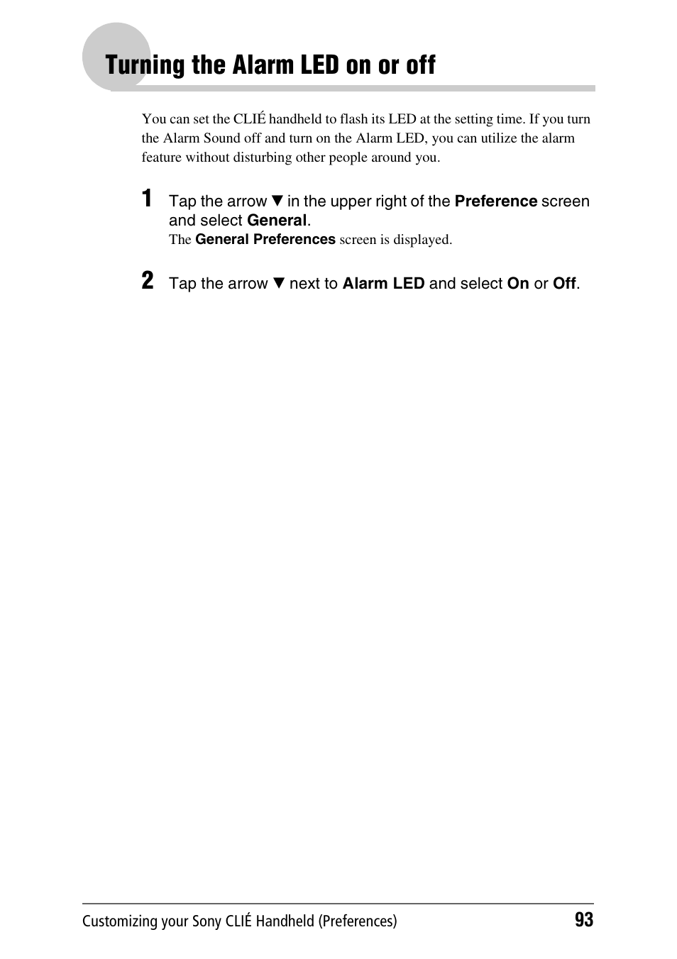 Turning the alarm led on or off | Sony PEG-NX70V User Manual | Page 93 / 176