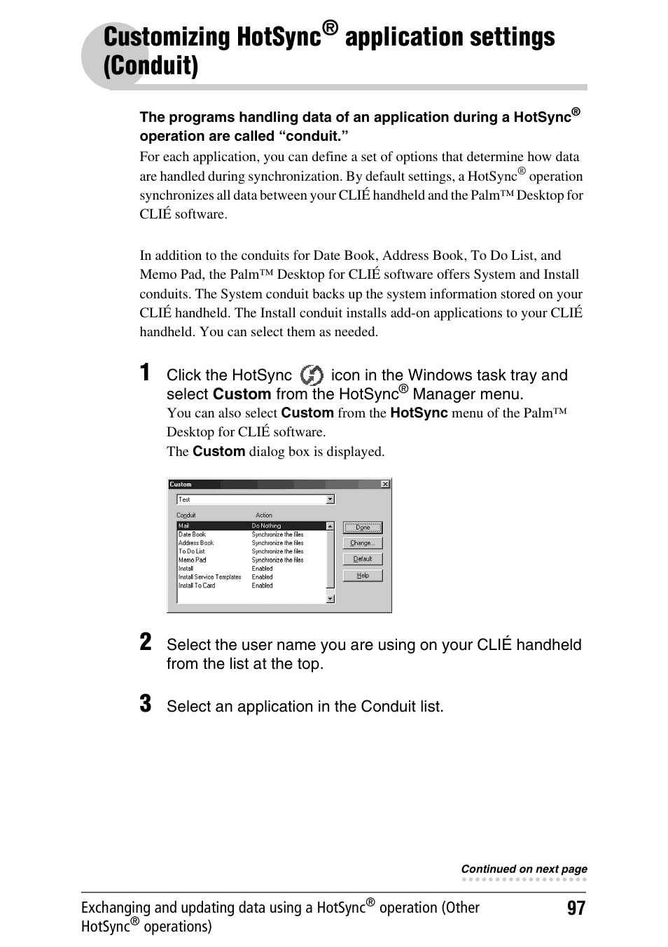 Customizing hotsync, Application, Settings (conduit) | Application settings, Conduit), Application settings (conduit) | Sony PEG-NX70V User Manual | Page 97 / 176