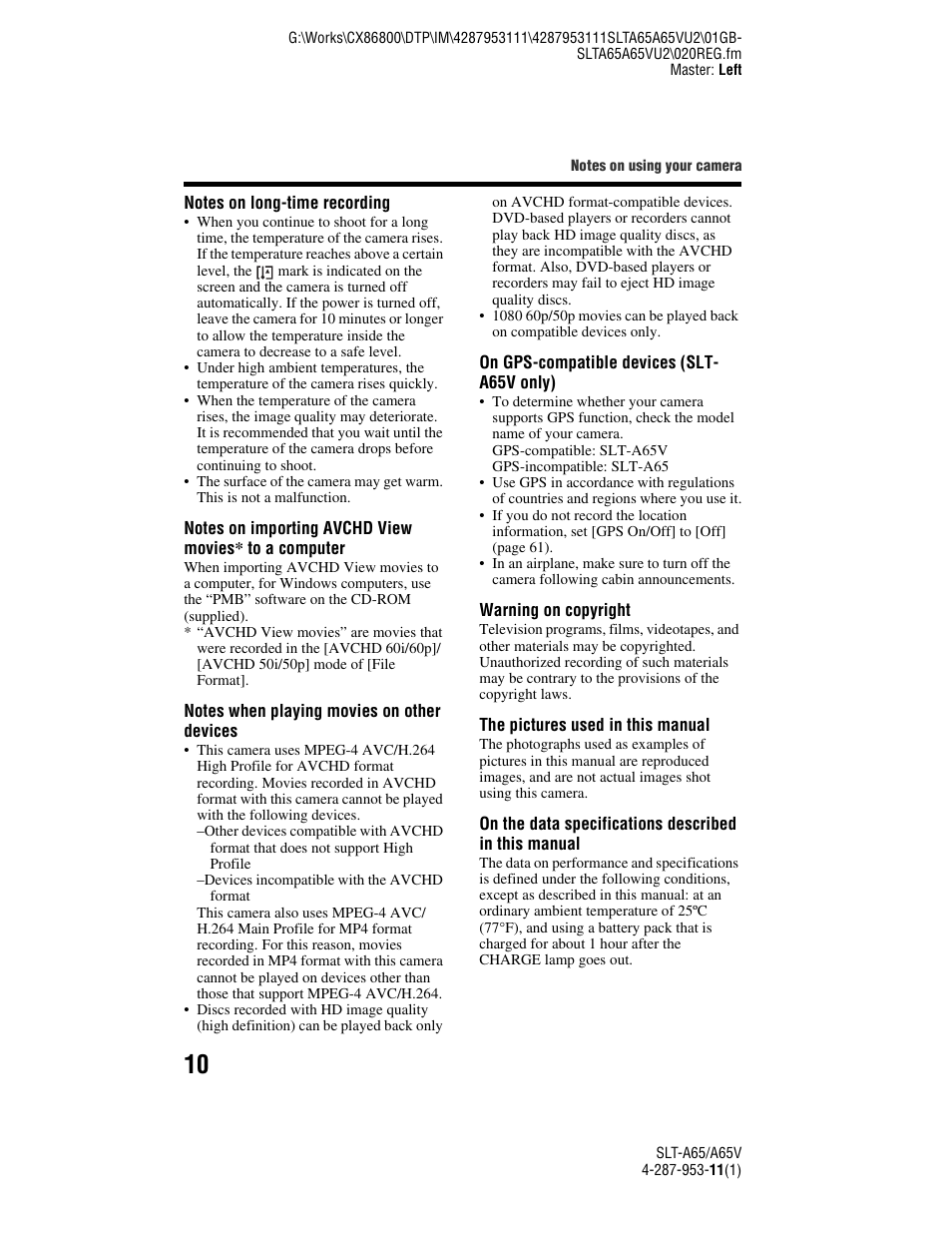 Sony SLT-A65V User Manual | Page 10 / 96