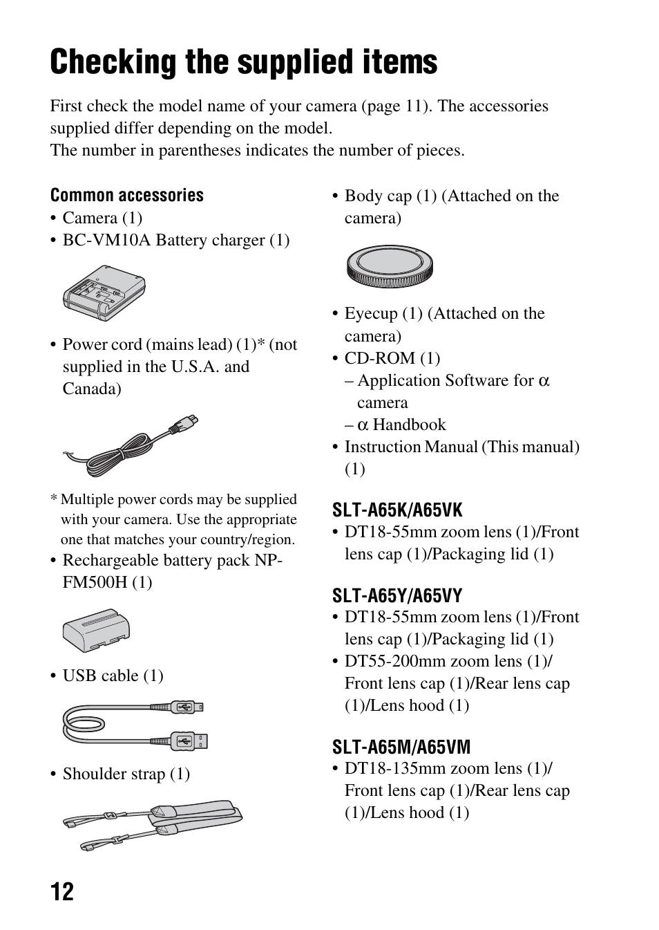 Preparing the camera, Checking the supplied items | Sony SLT-A65V User Manual | Page 12 / 96