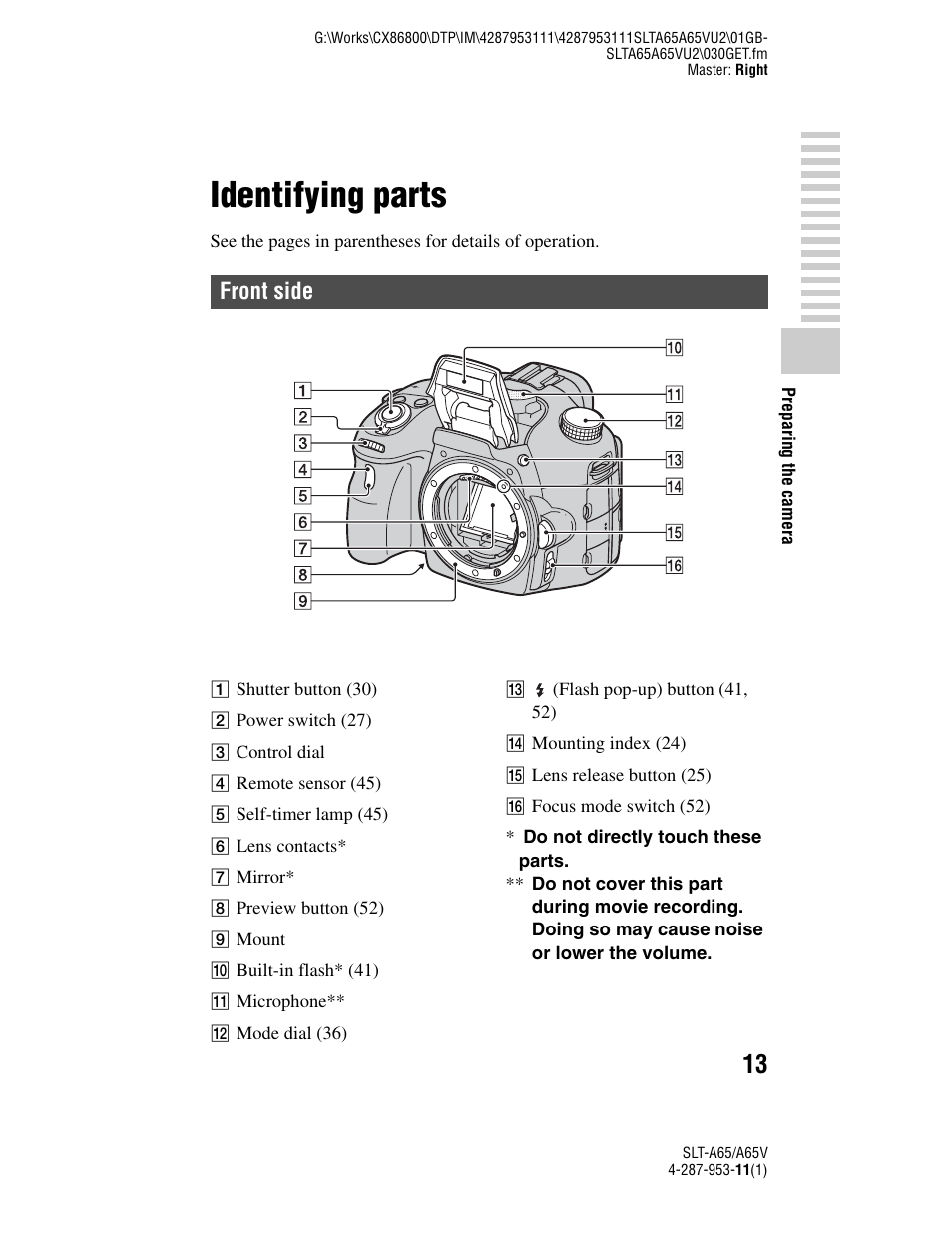 Identifying parts, Front side | Sony SLT-A65V User Manual | Page 13 / 96