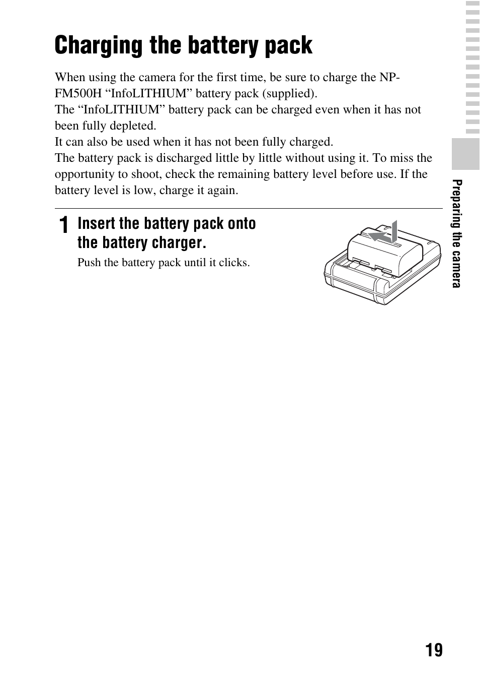 Charging the battery pack | Sony SLT-A65V User Manual | Page 19 / 96