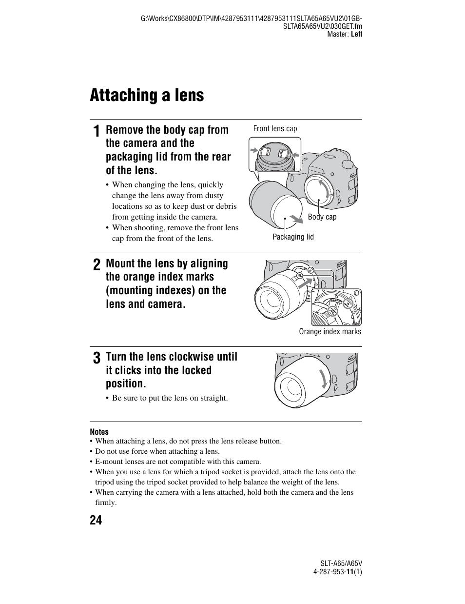 Attaching a lens | Sony SLT-A65V User Manual | Page 24 / 96