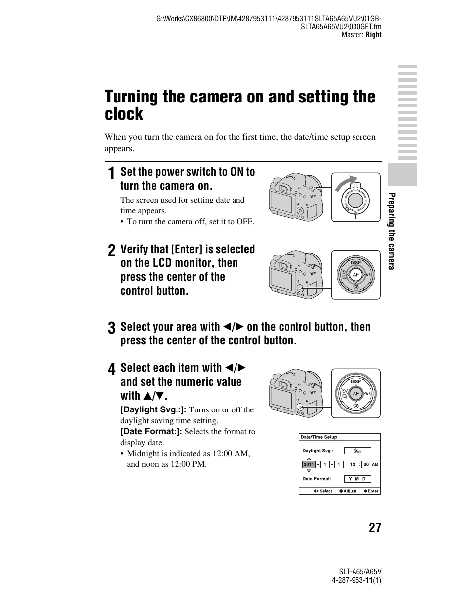 Turning the camera on and setting the clock | Sony SLT-A65V User Manual | Page 27 / 96