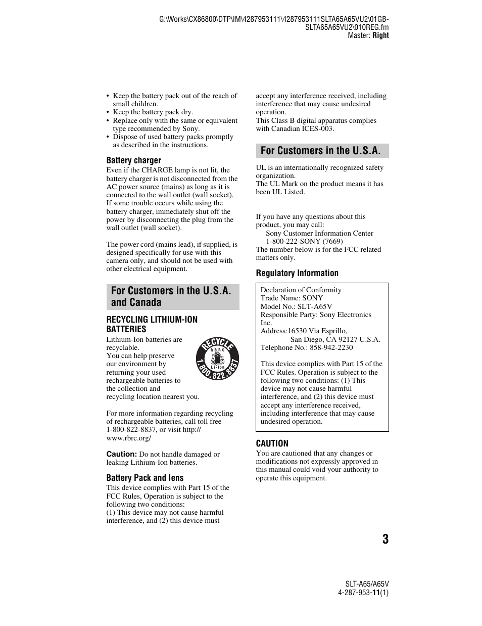 Sony SLT-A65V User Manual | Page 3 / 96
