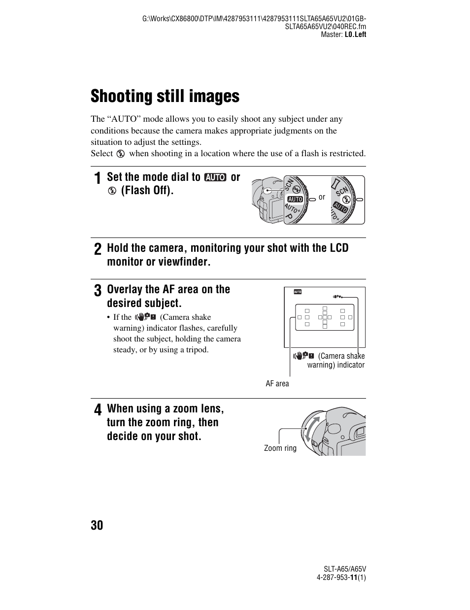 Shooting and viewing images, Shooting still images, Tton (30) | Sony SLT-A65V User Manual | Page 30 / 96