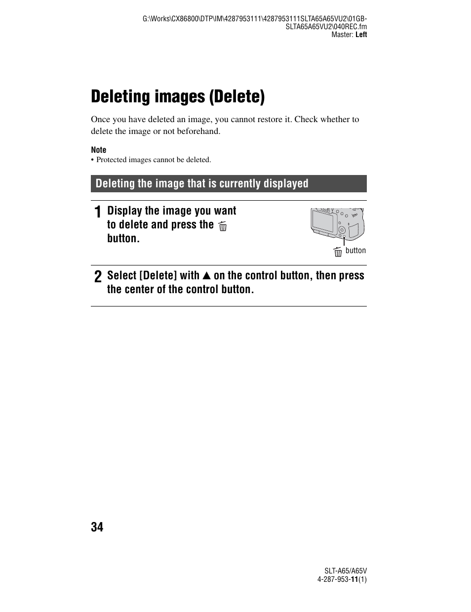 Deleting images (delete) | Sony SLT-A65V User Manual | Page 34 / 96