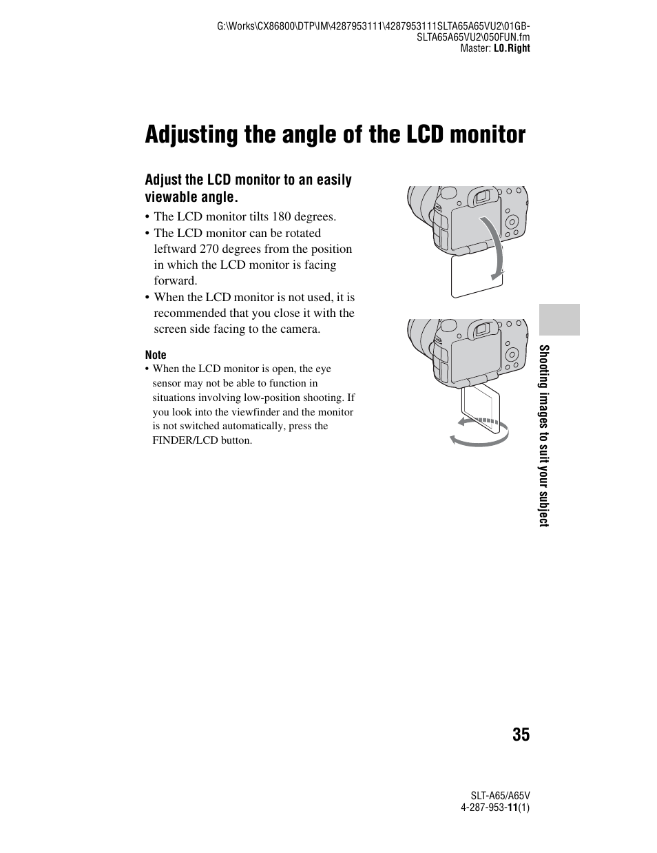 Shooting images to suit your subject, Adjusting the angle of the lcd monitor | Sony SLT-A65V User Manual | Page 35 / 96