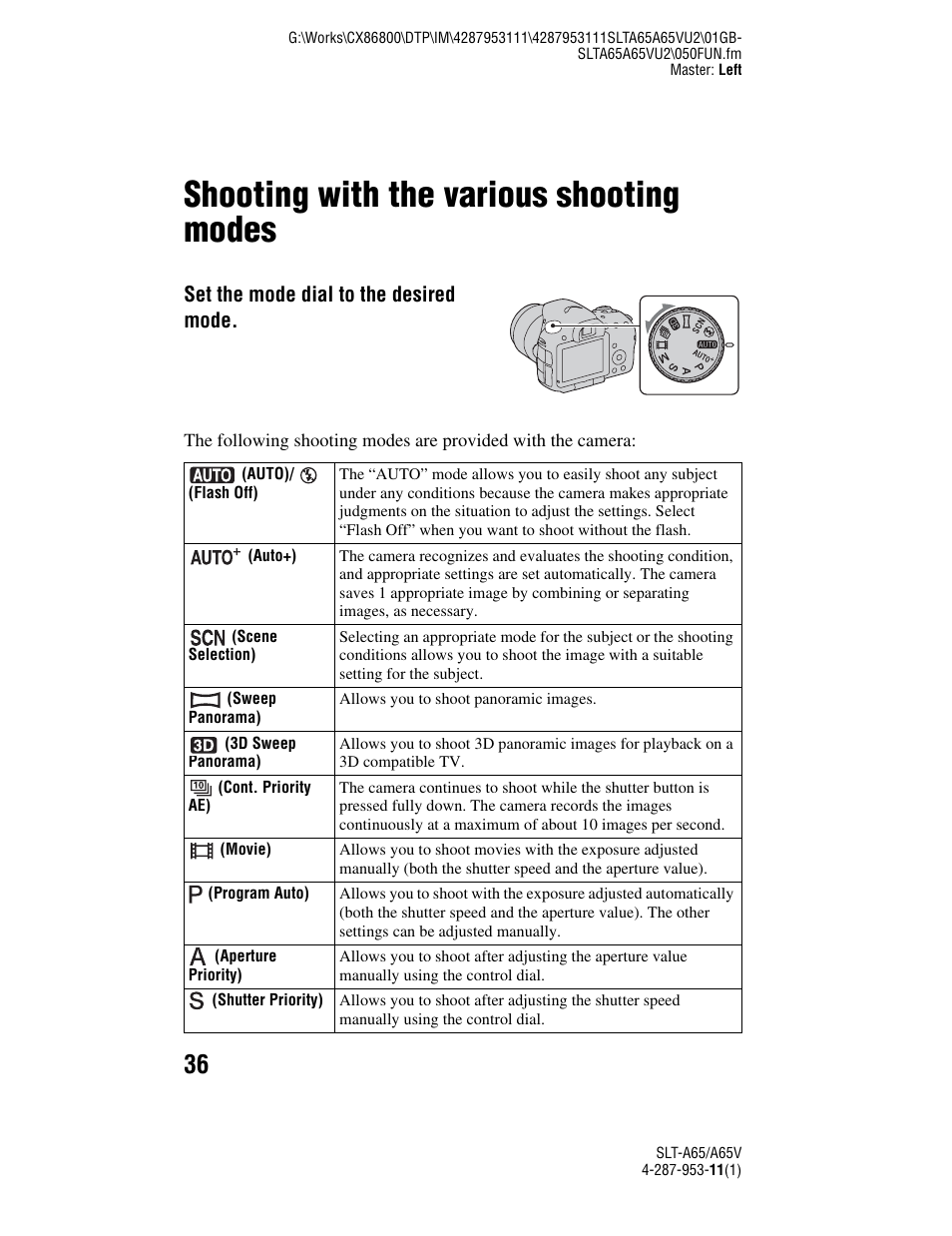 Shooting with the various shooting modes, Dial (36) | Sony SLT-A65V User Manual | Page 36 / 96