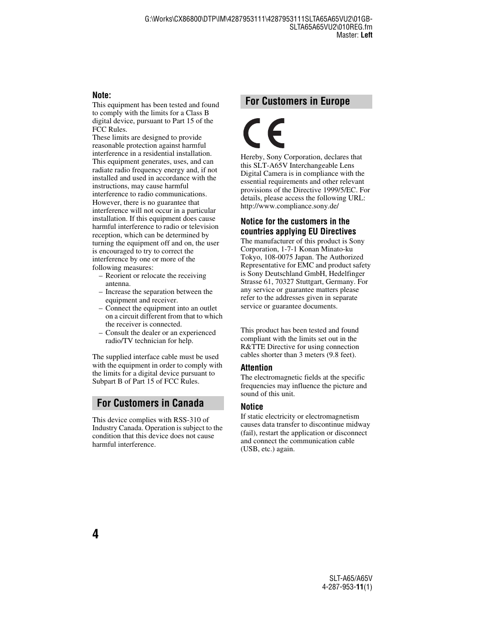 For customers in canada for customers in europe | Sony SLT-A65V User Manual | Page 4 / 96