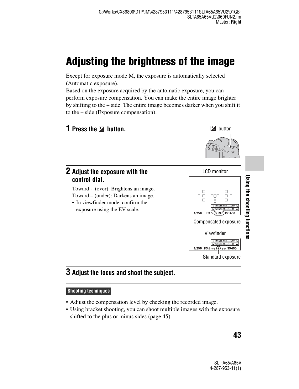 Adjusting the brightness of the image, N (43) | Sony SLT-A65V User Manual | Page 43 / 96