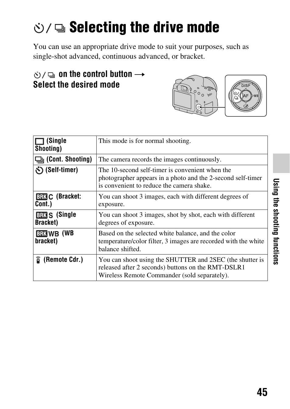 Selecting the drive mode, Mp (45) | Sony SLT-A65V User Manual | Page 45 / 96