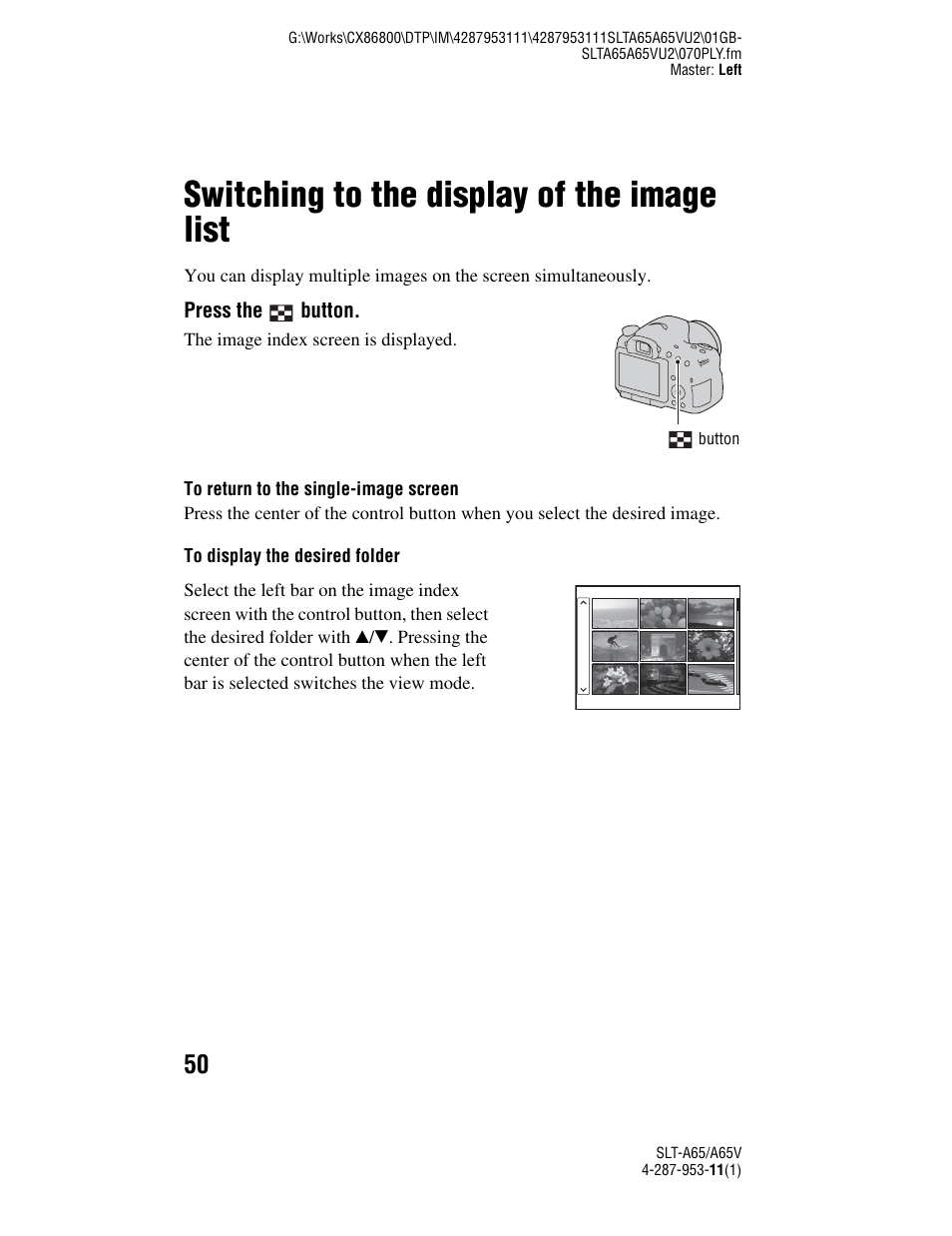 Switching to the display of the image list, N (50) | Sony SLT-A65V User Manual | Page 50 / 96