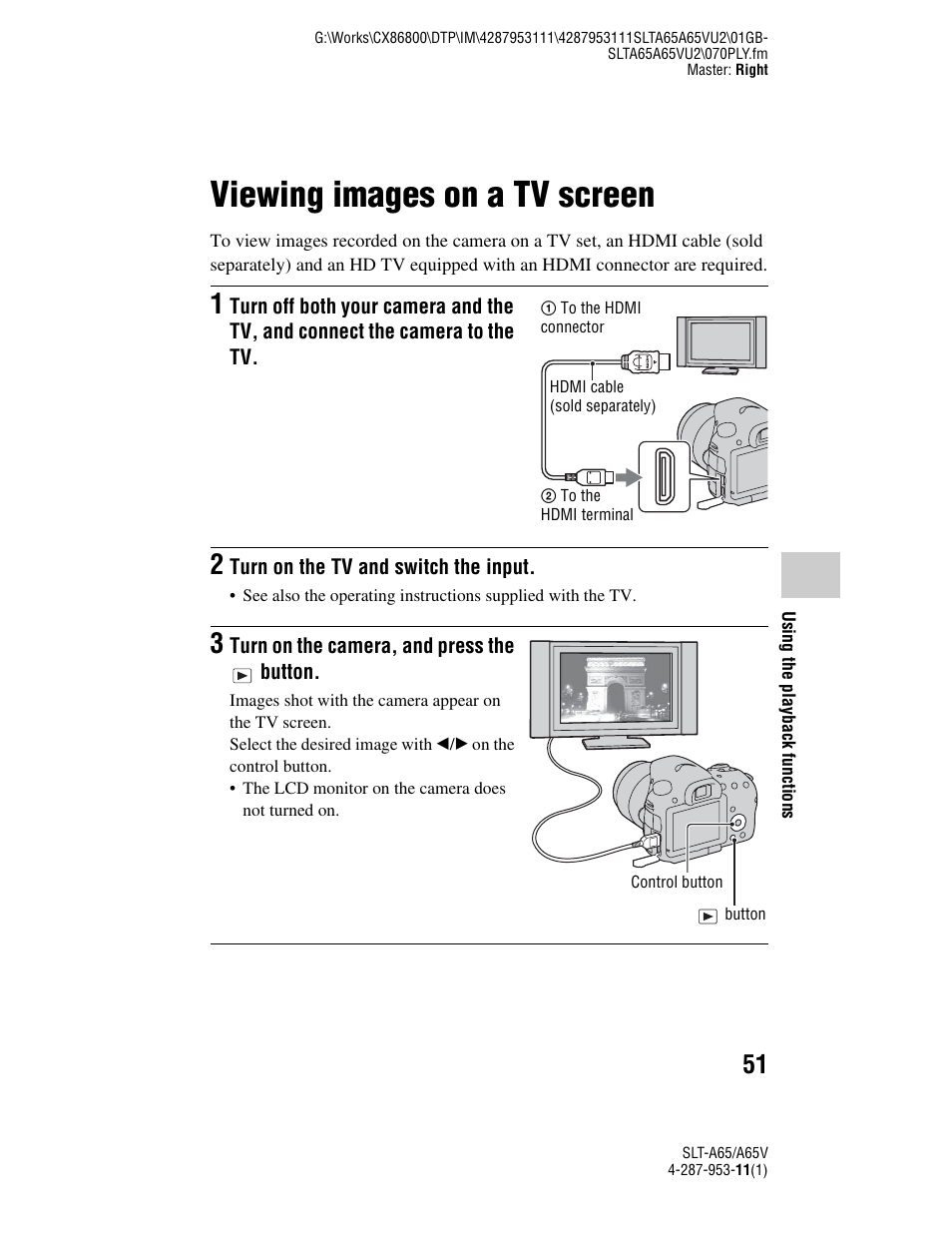 Viewing images on a tv screen | Sony SLT-A65V User Manual | Page 51 / 96