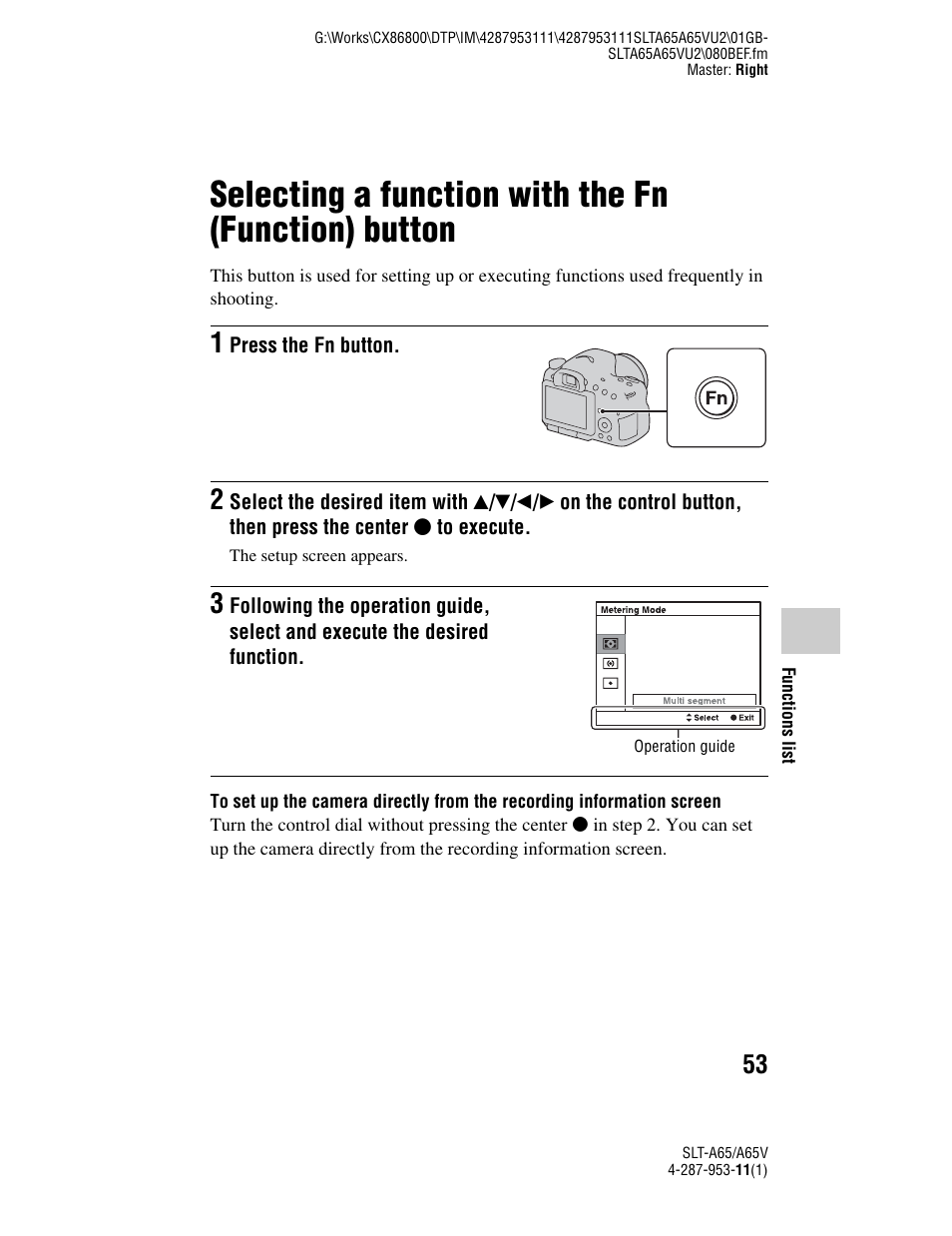 Selecting a function with the fn (function) button, N (53 | Sony SLT-A65V User Manual | Page 53 / 96