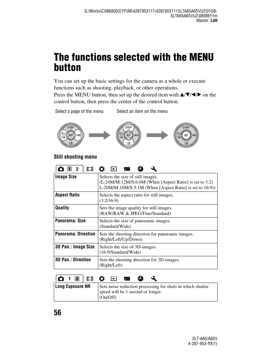 The functions selected with the menu button, N (56) | Sony SLT-A65V User Manual | Page 56 / 96