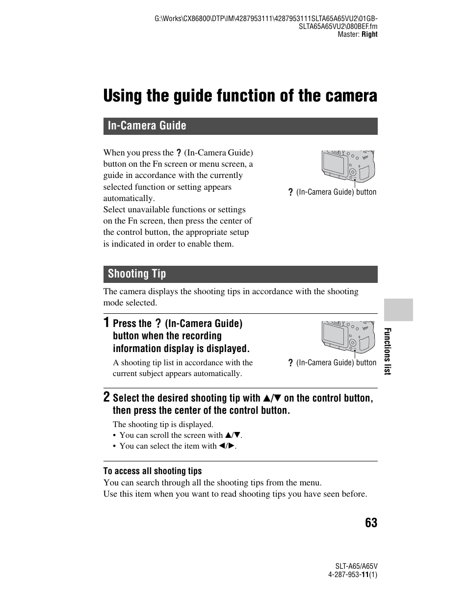 Using the guide function of the camera, In-camera guide, Shooting tip | In-camera guide shooting tip | Sony SLT-A65V User Manual | Page 63 / 96