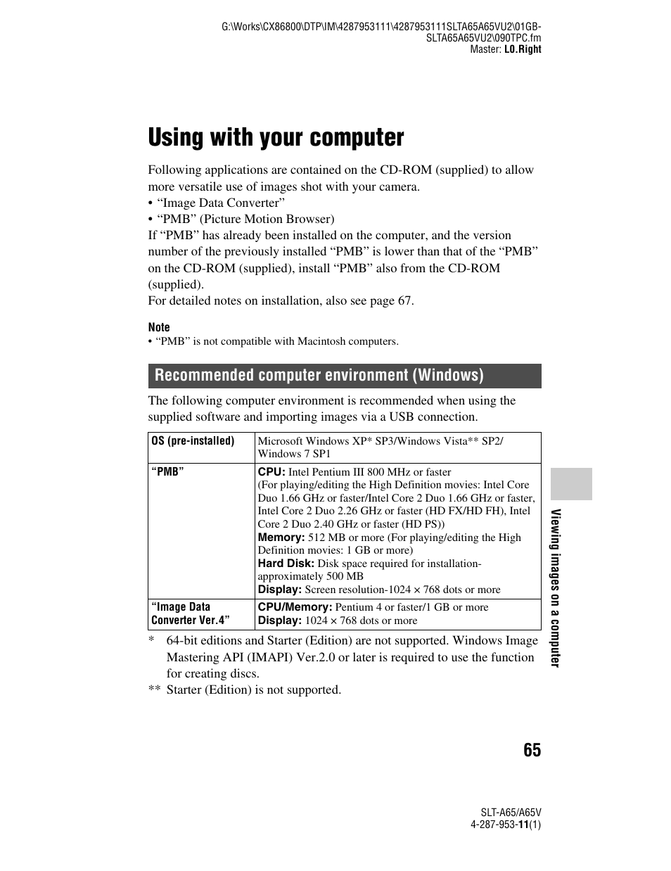 Viewing images on a computer, Using with your computer, Recommended computer environment (windows) | Sony SLT-A65V User Manual | Page 65 / 96