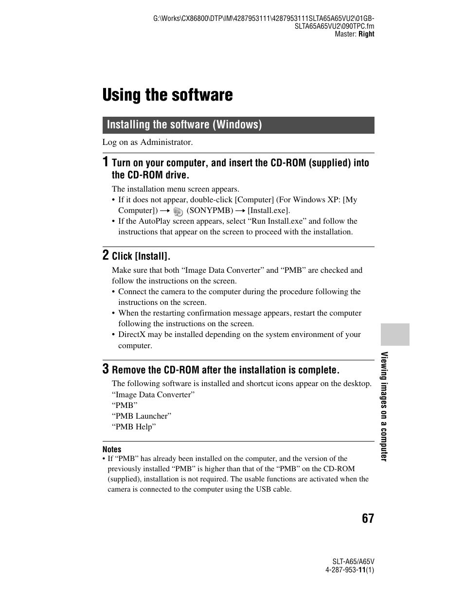 Using the software, Installing the software (windows) | Sony SLT-A65V User Manual | Page 67 / 96
