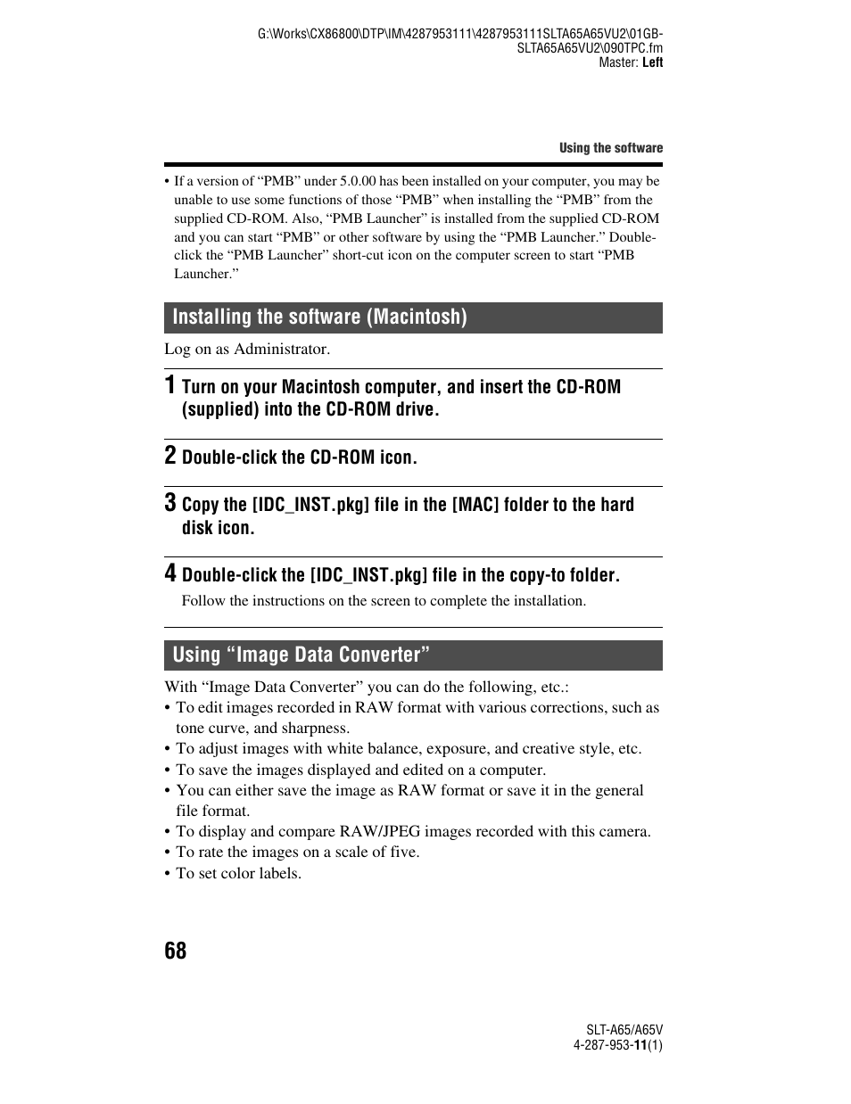 Installing the software (macintosh), Using “image data converter | Sony SLT-A65V User Manual | Page 68 / 96