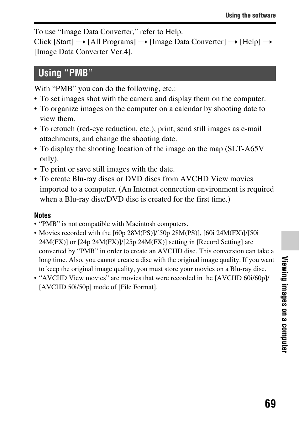 Using “pmb | Sony SLT-A65V User Manual | Page 69 / 96