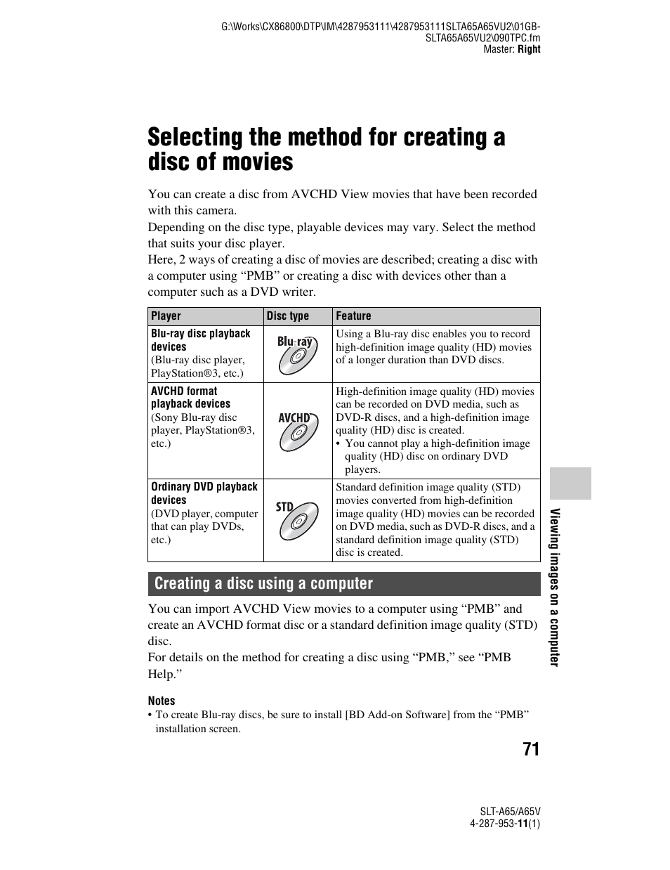 Selecting the method for creating a disc of movies, Creating a disc using a computer | Sony SLT-A65V User Manual | Page 71 / 96