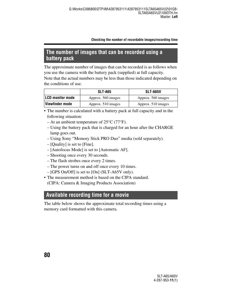 Available recording time for a movie | Sony SLT-A65V User Manual | Page 80 / 96