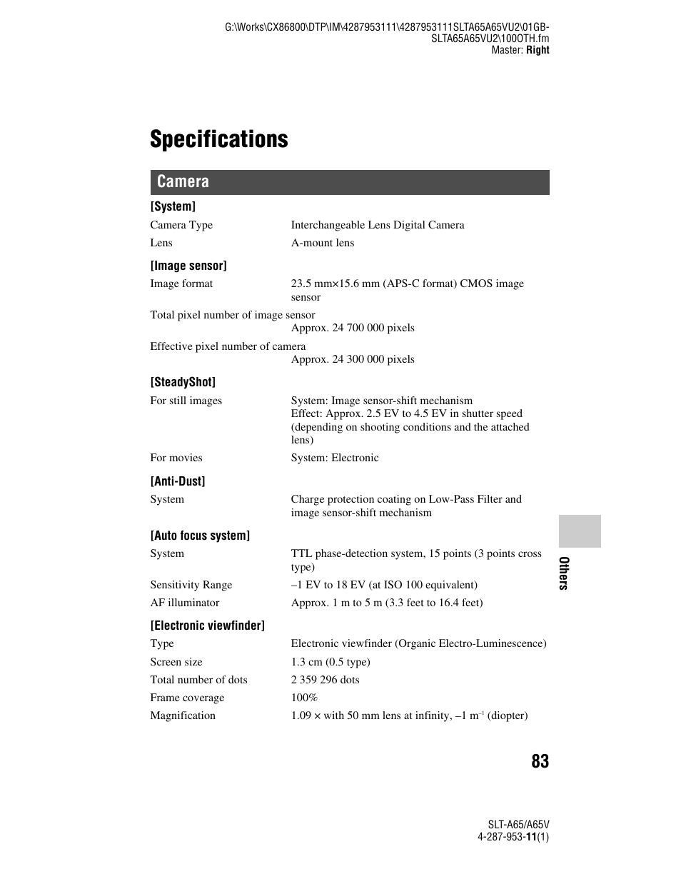 Specifications, Camera | Sony SLT-A65V User Manual | Page 83 / 96