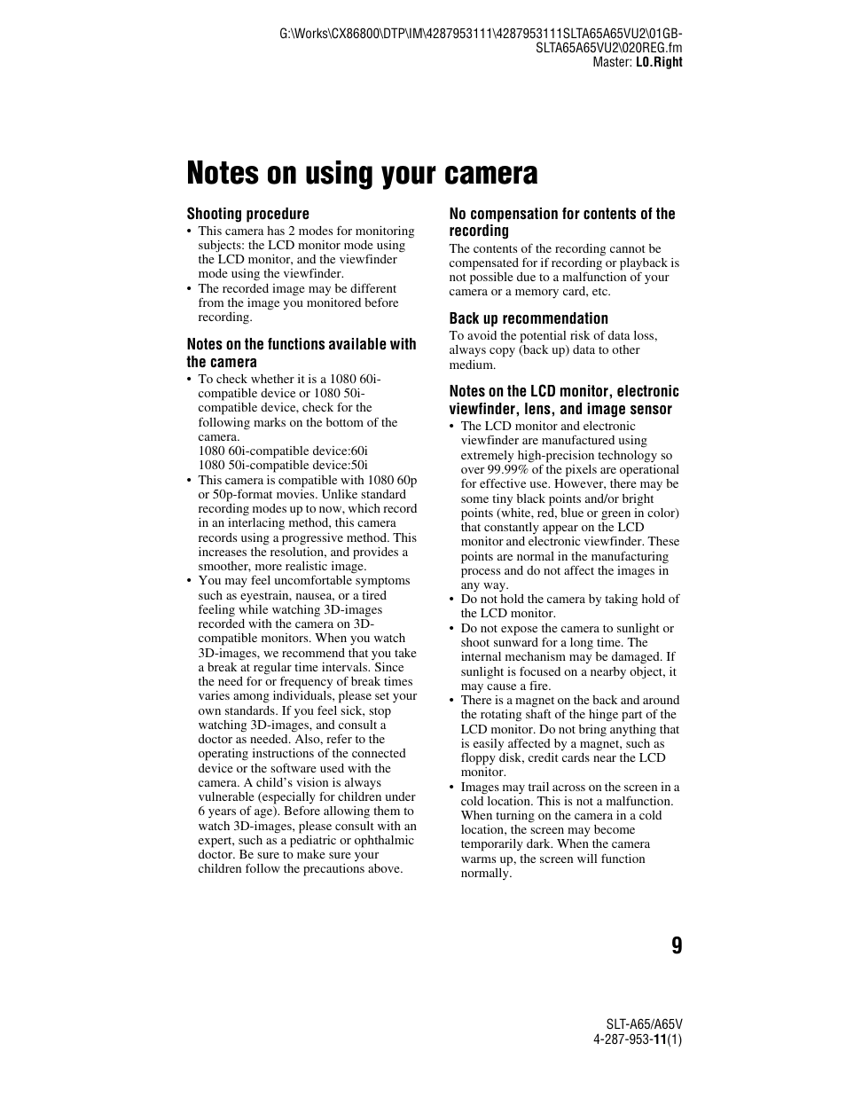 Notes on using your camera, Preparing the camera | Sony SLT-A65V User Manual | Page 9 / 96